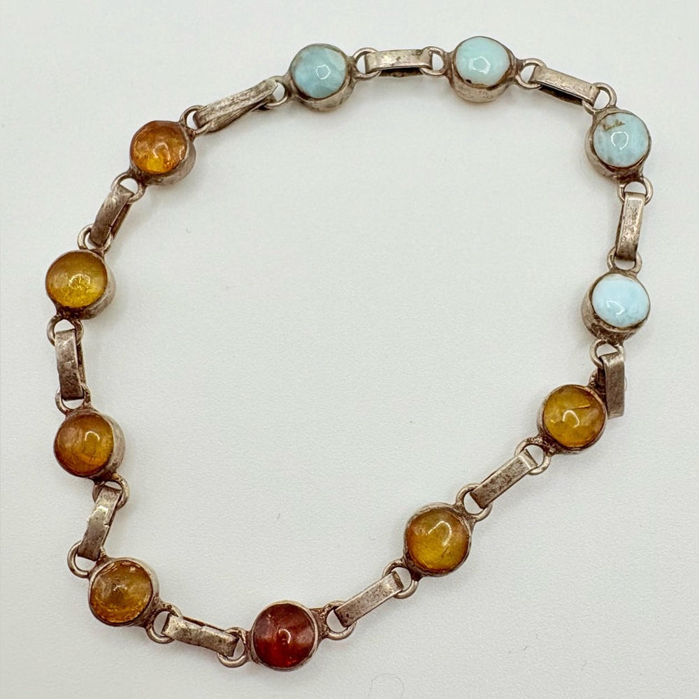 Vintage Sterling Silver Larimar and Amber Reversible Link Bracelet